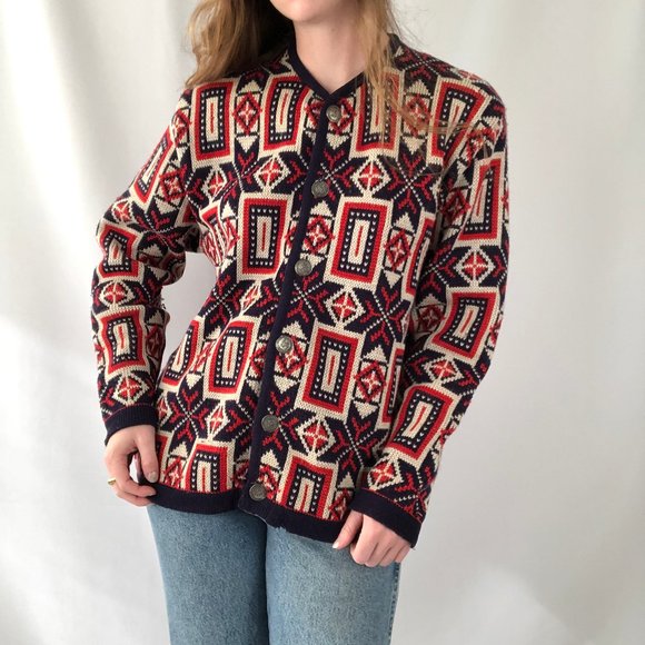 Vintage Norvyk Fair Isle Nordic Knit 100% Pure Wool Oversized Cardigan Sweater - Picture 4 of 15